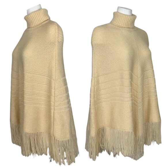 Banana Republic Vintage Merino Wool Turtleneck Fringe Poncho Sweater XS/S Cream - Picture 3 of 13